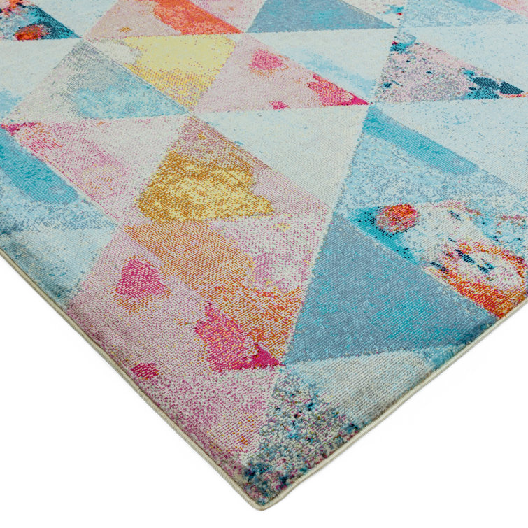 Ebern Designs Varasteh Triangles Flatweave Blue/Pink/Yellow Rug